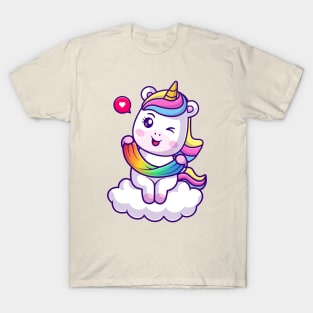 Cute Unicorn Playing Slime Rainbow On Cloud Cartoon T-Shirt